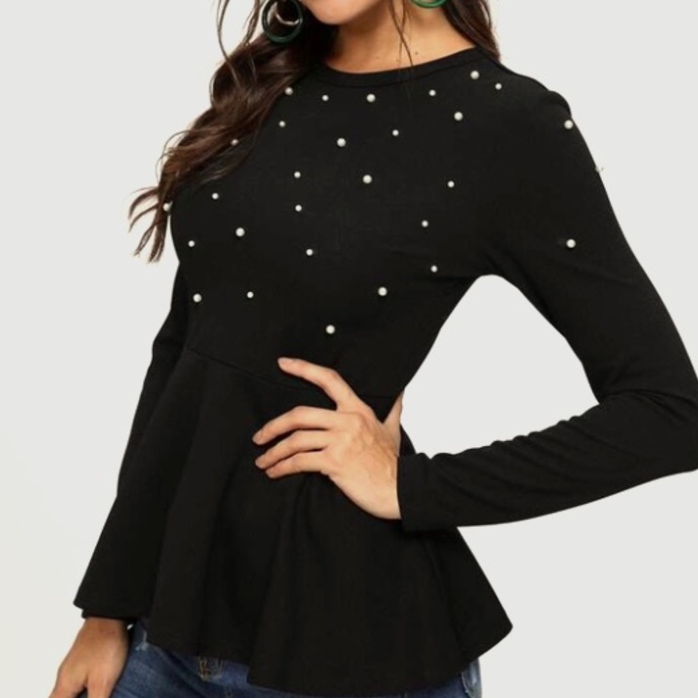 D'Margeaux New York Peplum Pearl Embellished Black Knit Jumper Sweater Small NEW